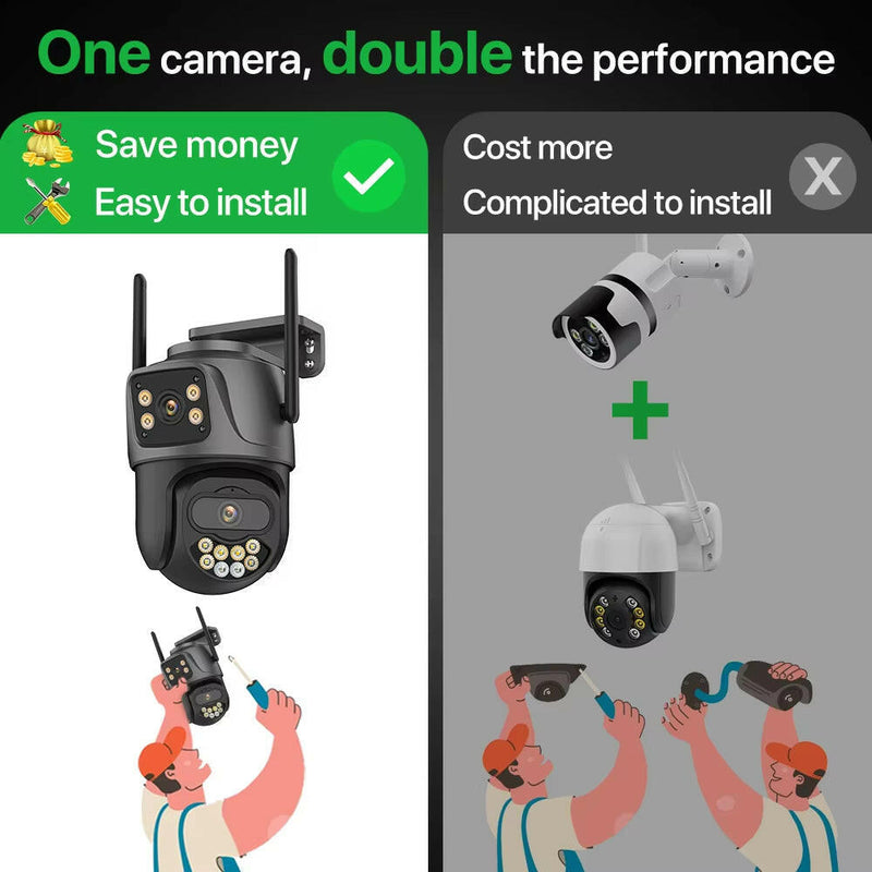 External 4K Dual Lens PTZ WiFi Camera - 8MP HD Outdoor IP Surveillance with 4MP Auto Tracking and Icsee P2P Technology.