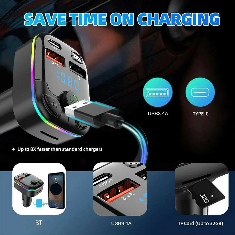 Bluetooth 5.0 Car FM Transmitter PD Type-C Dual USB Ambient Player MP3 Charger Type-C Wireless Light 18W Handsfree PD QC3.0 Y3Z4.