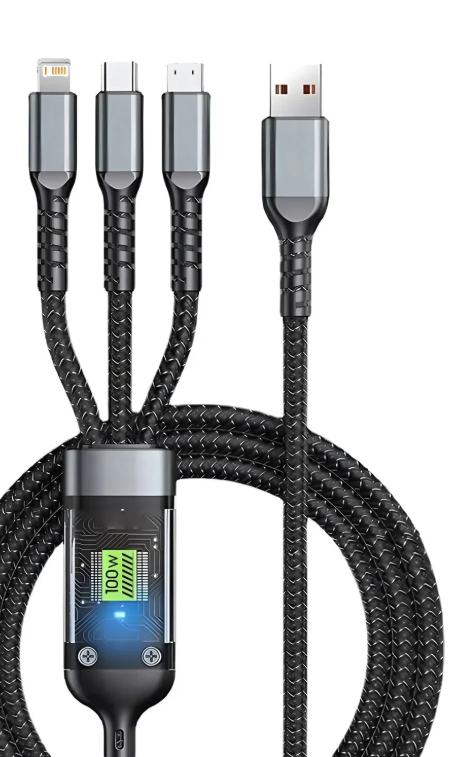 Transparent Luminous 3-in-1 Super Fast Charging Cable for iPhone 15/14/13 with Type-C and Micro USB Compatibility.