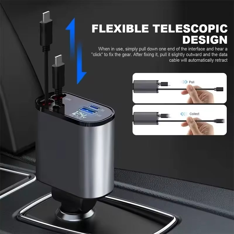 120W 4-in-1 Retractable Car Charger with USB Type-C Fast Charging for iPhone, Xiaomi, Huawei, and Samsung.