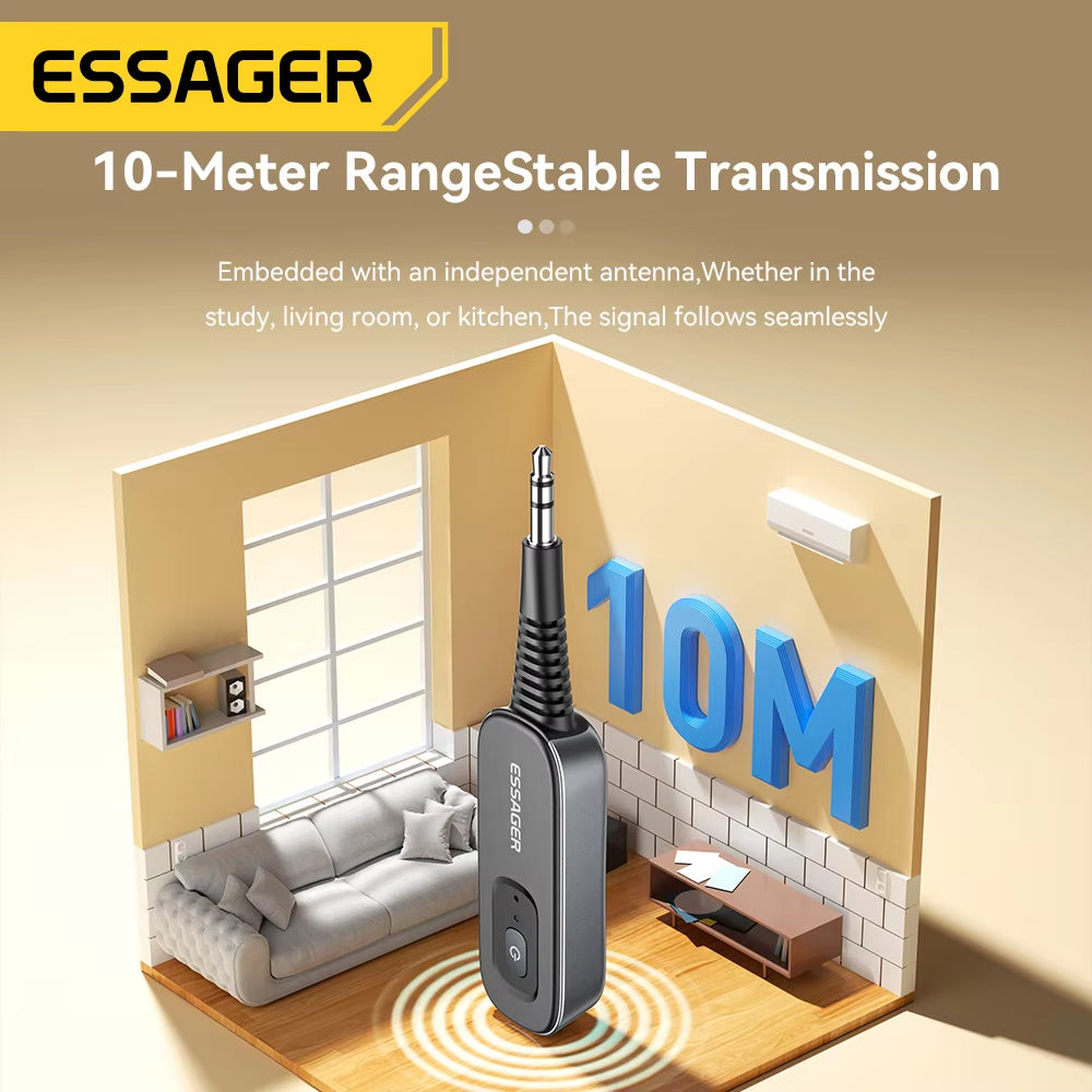 Bluetooth 5.1 Audio Receiver and Transmitter with 3.5mm AUX and Microphone for Wireless Stereo Music Streaming on PC, TV, and Car Speakers.