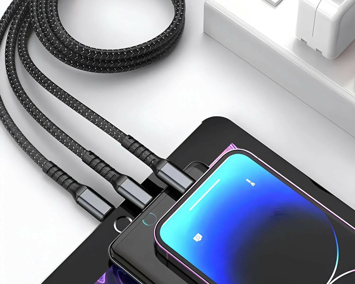 Transparent Luminous 3-in-1 Super Fast Charging Cable for iPhone 15/14/13 with Type-C and Micro USB Compatibility.