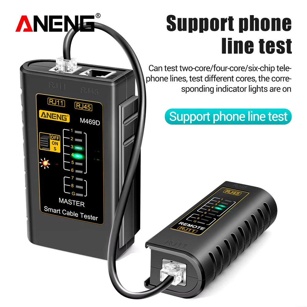 M469D Professional Network Cable Tester for RJ45, RJ11, RJ12, CAT5, and UTP - Essential Tool for Cable Diagnostics and Repair.