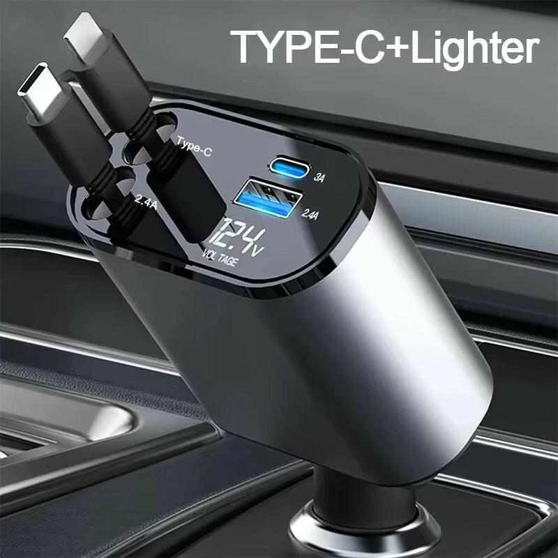 120W 4-in-1 Retractable Car Charger with USB Type-C Fast Charging for iPhone, Xiaomi, Huawei, and Samsung.