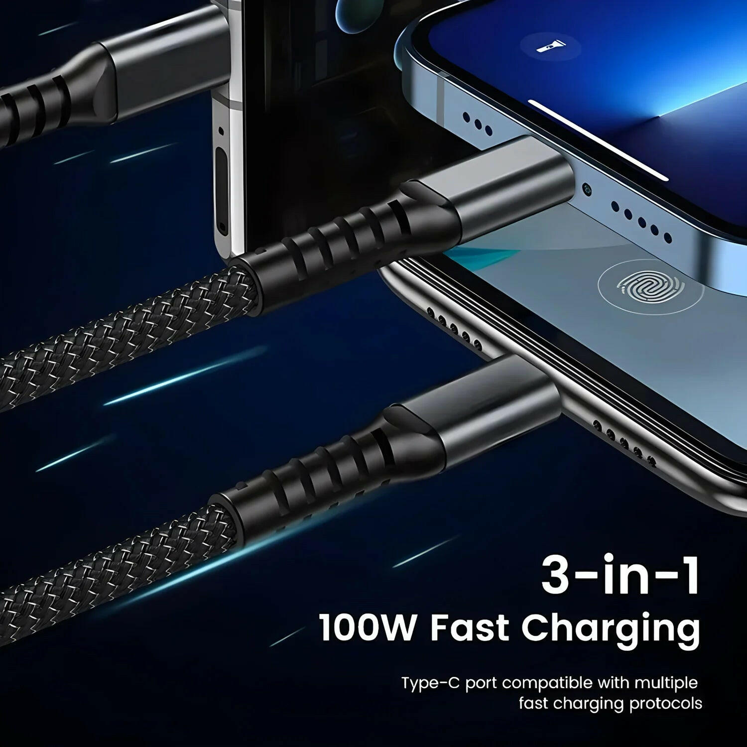 Transparent Luminous 3-in-1 Super Fast Charging Cable for iPhone 15/14/13 with Type-C and Micro USB Compatibility.