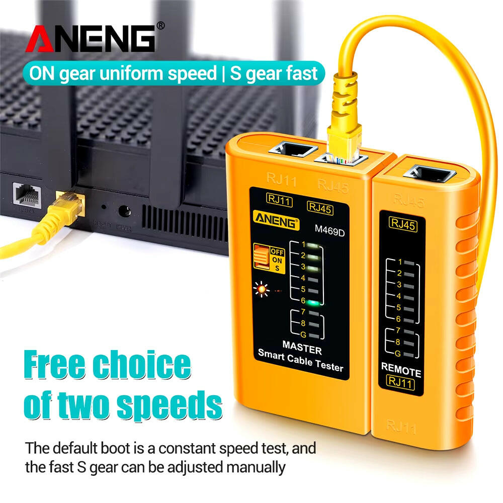 M469D Professional Network Cable Tester for RJ45, RJ11, RJ12, CAT5, and UTP - Essential Tool for Cable Diagnostics and Repair.