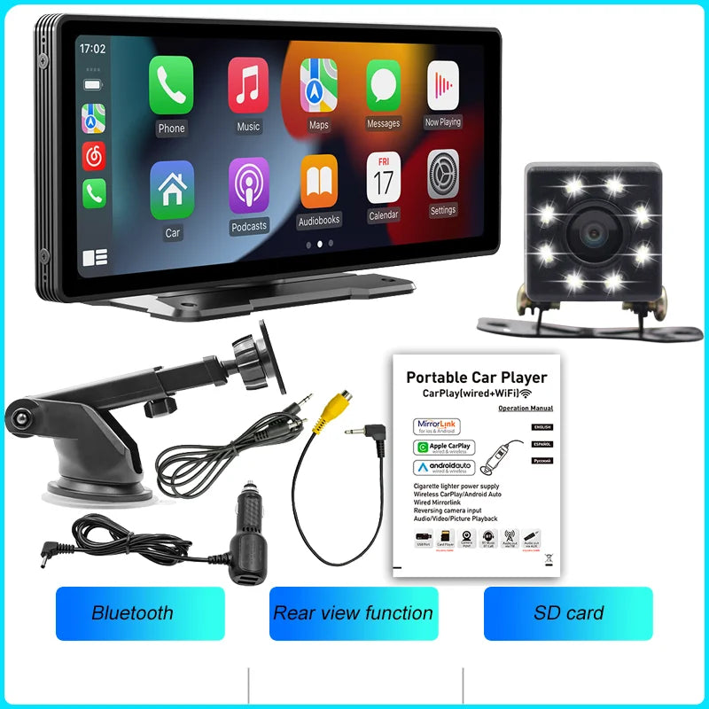 BQCC 10.26-Inch Portable Wireless CarPlay Display with HD Rearview Camera, Car Radio, DVR, MP5 Multimedia Video Player, and Android Auto Integration
