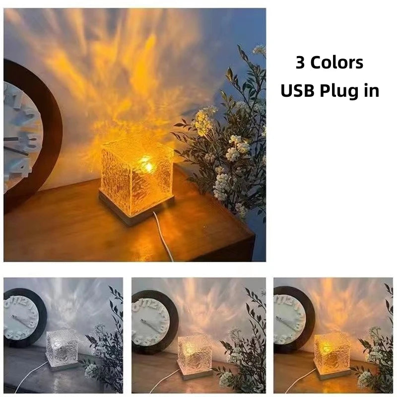 Dynamic Rotating Water Ripple Projector Night Light - 3/16 Color Flame Crystal Lamp for Bedroom, Living Room, and Study.