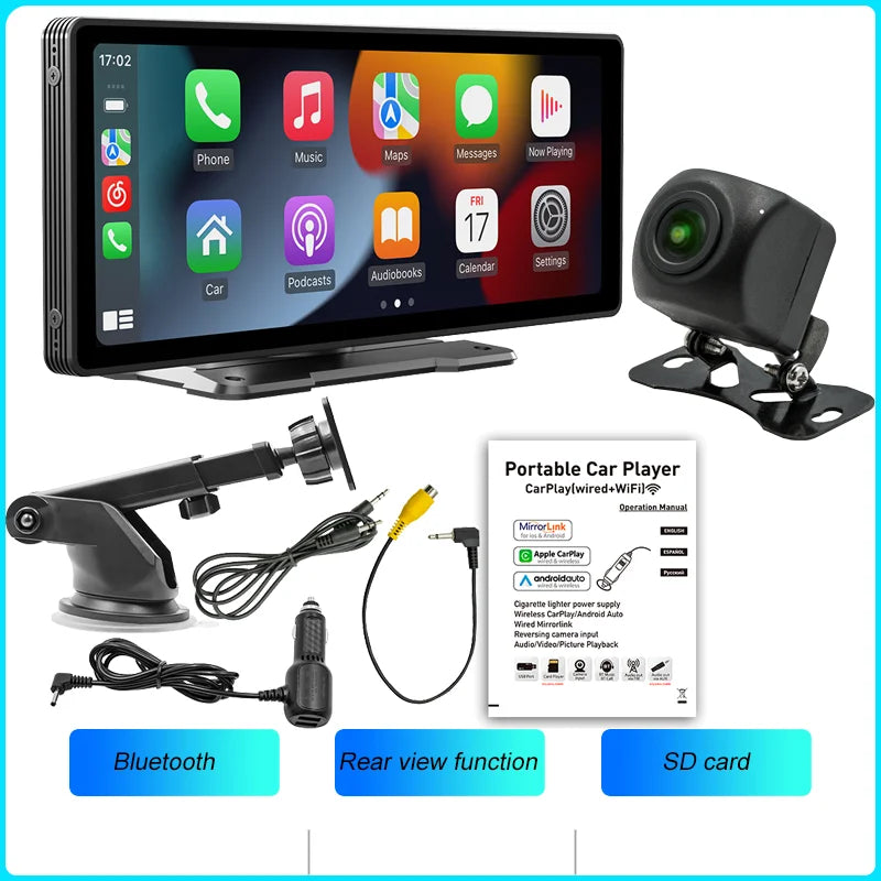 BQCC 10.26-Inch Portable Wireless CarPlay Display with HD Rearview Camera, Car Radio, DVR, MP5 Multimedia Video Player, and Android Auto Integration