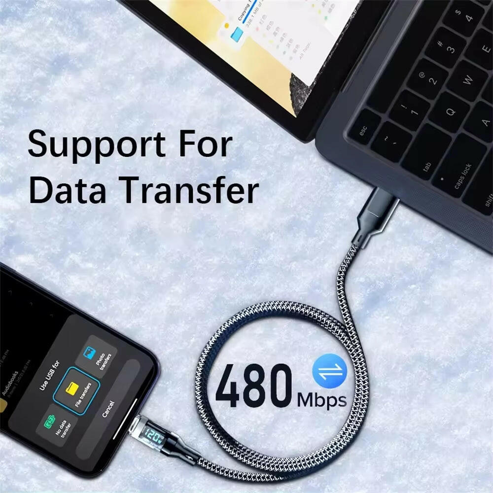 120W LED Digital Display USB Type-C Quick Charge Cable for OPPO, VIVO, and Huawei Fast Charging Data Transfer.