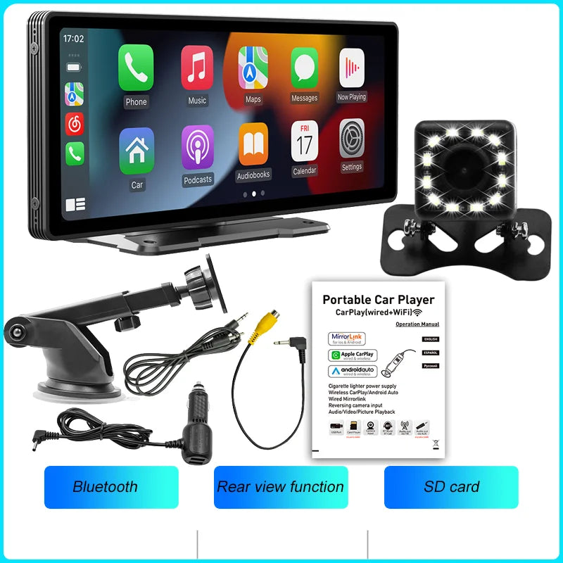 BQCC 10.26-Inch Portable Wireless CarPlay Display with HD Rearview Camera, Car Radio, DVR, MP5 Multimedia Video Player, and Android Auto Integration