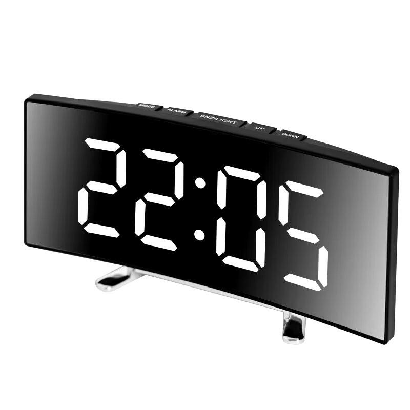 Creative Curved LED Alarm Clock with Dual-Purpose Mirror Design.