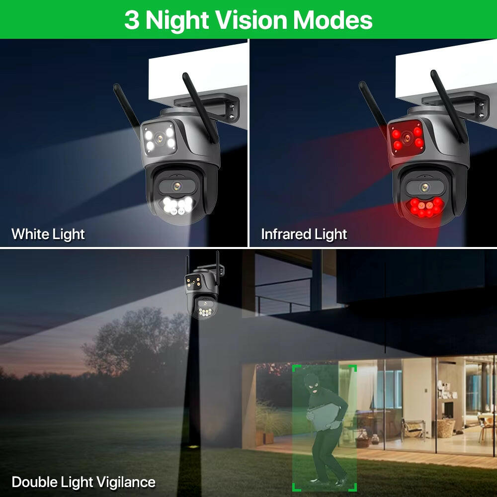 External 4K Dual Lens PTZ WiFi Camera - 8MP HD Outdoor IP Surveillance with 4MP Auto Tracking and Icsee P2P Technology.