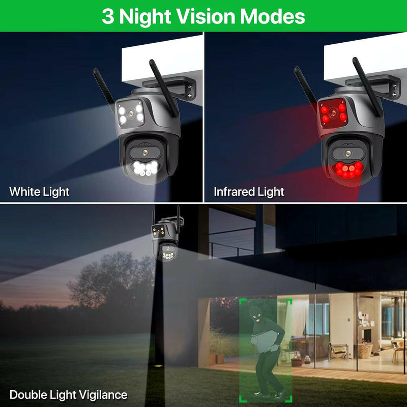 External 4K Dual Lens PTZ WiFi Camera - 8MP HD Outdoor IP Surveillance with 4MP Auto Tracking and Icsee P2P Technology.