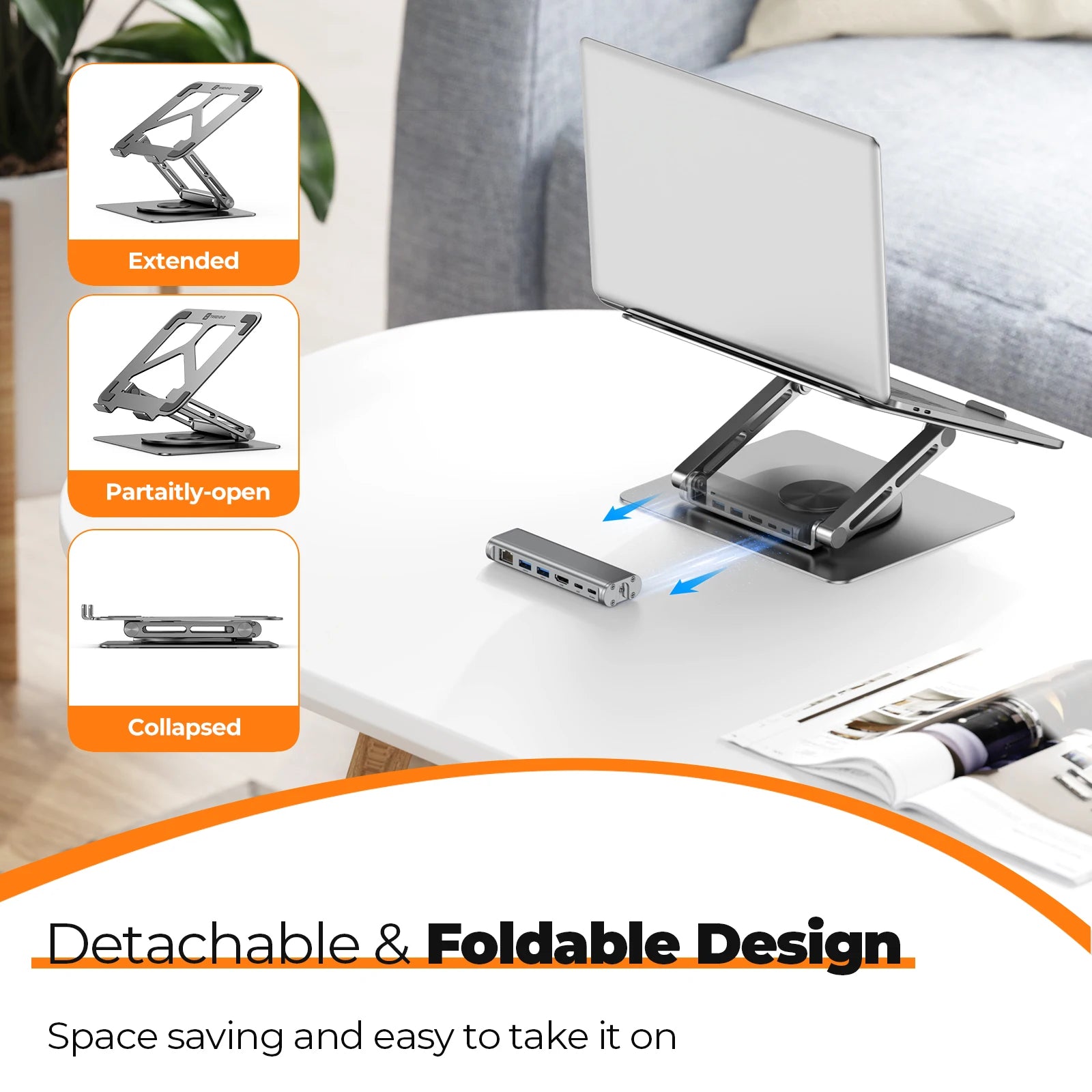 Laptop stand with extended, partially-open, and collapsed positions on a desk.