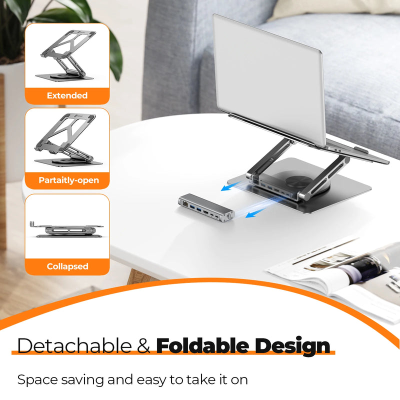Laptop stand with extended, partially-open, and collapsed positions on a desk.