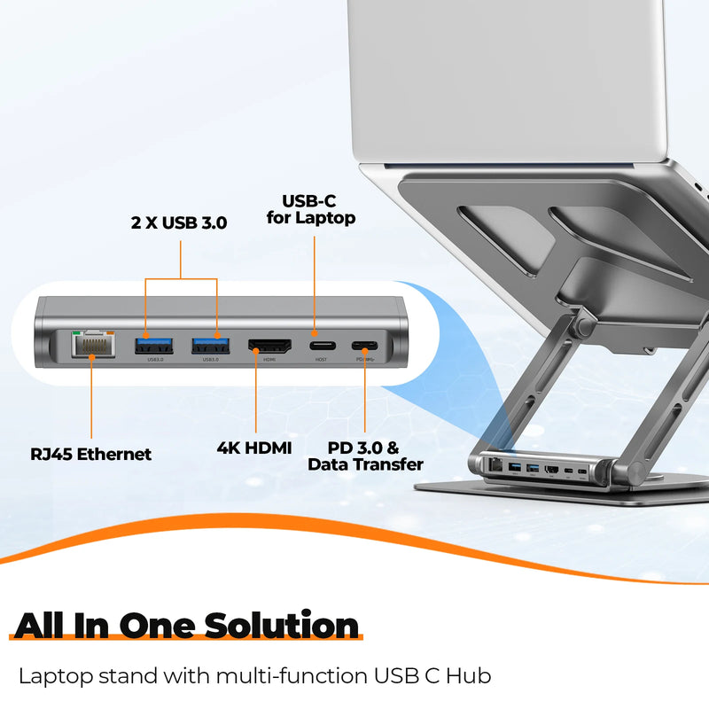 Laptop stand with multi-function USB C hub and connectivity options on a white background