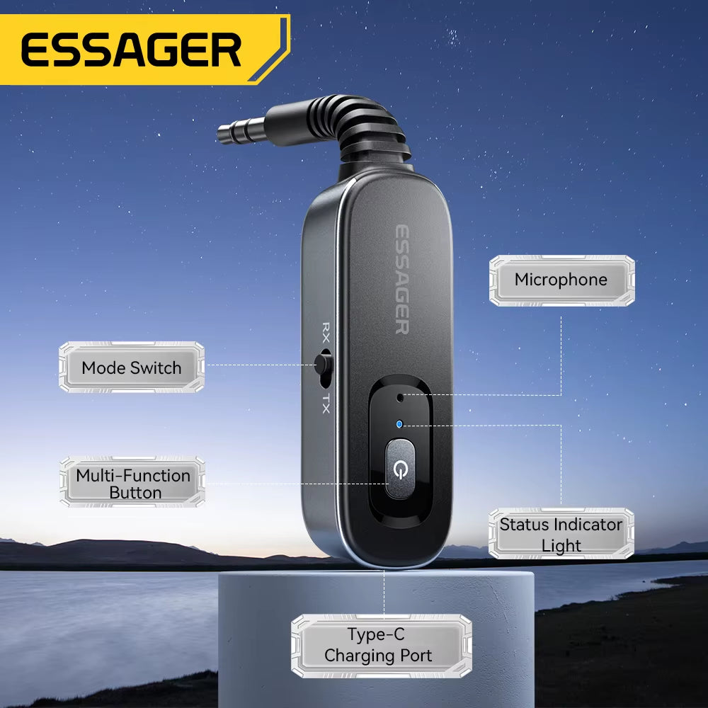 Bluetooth 5.1 Audio Receiver and Transmitter with 3.5mm AUX and Microphone for Wireless Stereo Music Streaming on PC, TV, and Car Speakers.