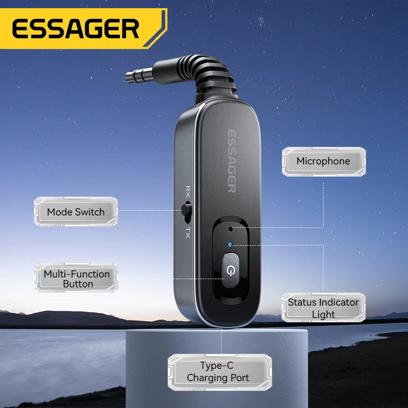 Bluetooth 5.1 Audio Receiver and Transmitter with 3.5mm AUX and Microphone for Wireless Stereo Music Streaming on PC, TV, and Car Speakers.