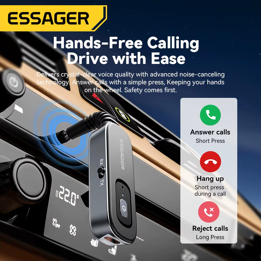 Bluetooth 5.1 Audio Receiver and Transmitter with 3.5mm AUX and Microphone for Wireless Stereo Music Streaming on PC, TV, and Car Speakers.