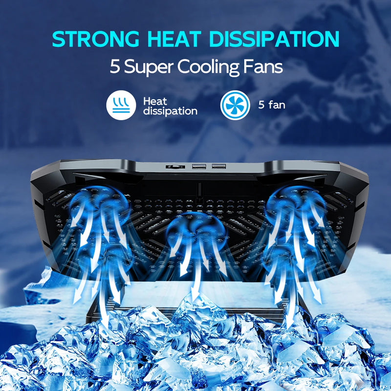 Premium COOLCOLD Laptop Cooling Pad for 12-17 Inch Laptops - Featuring 5 Ultra-Quiet Fans and Adjustable Ergonomic Angles with Integrated Phone Holder.