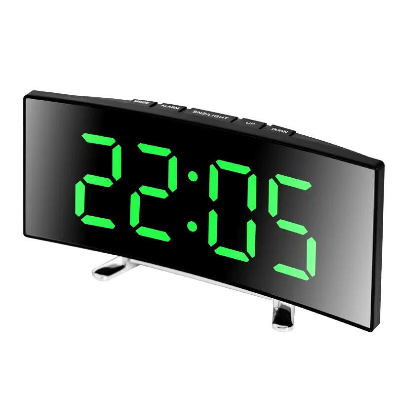 Creative Curved LED Alarm Clock with Dual-Purpose Mirror Design.