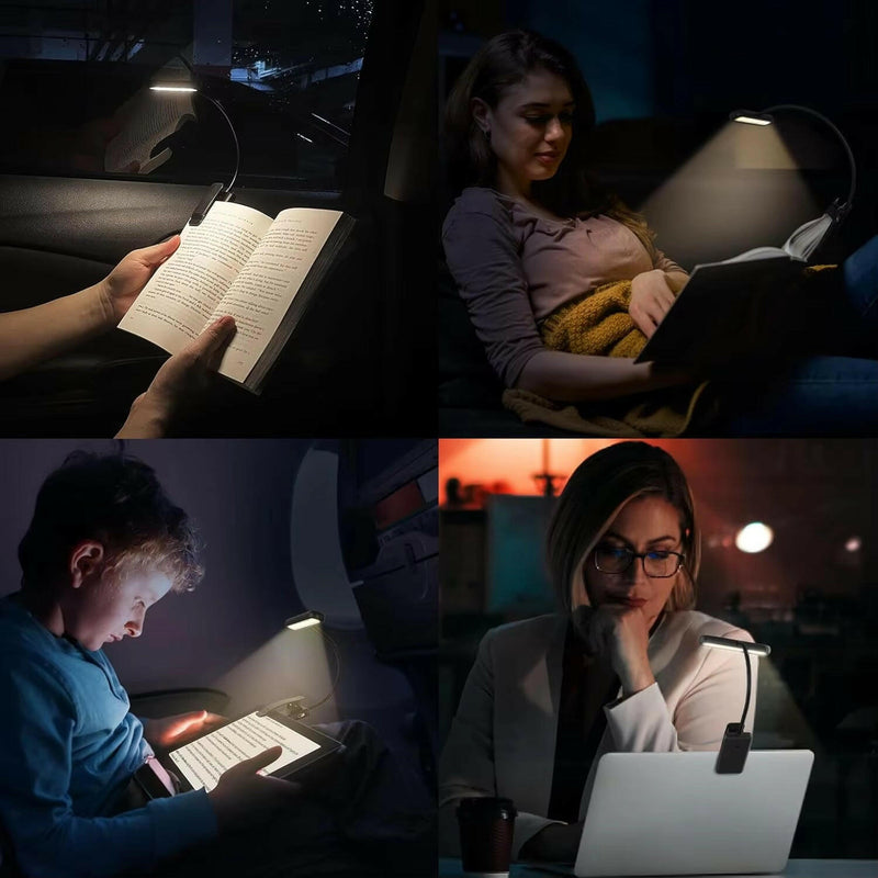 LED Rechargeable Clip-On Reading Light with Adjustable Dimming and Flexible Neck for Eye Comfort.