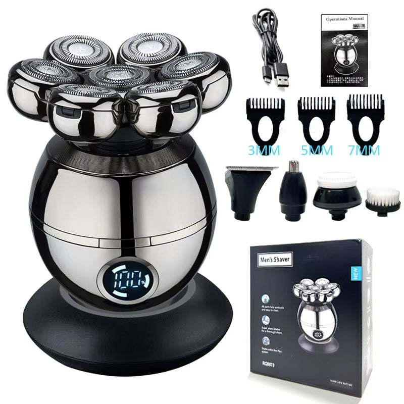 7 Head Electric Shaver for Men - Advanced 7D Floating Cutter, IPX5 Waterproof, USB Wireless Charging, and Multi-Grooming Kit.