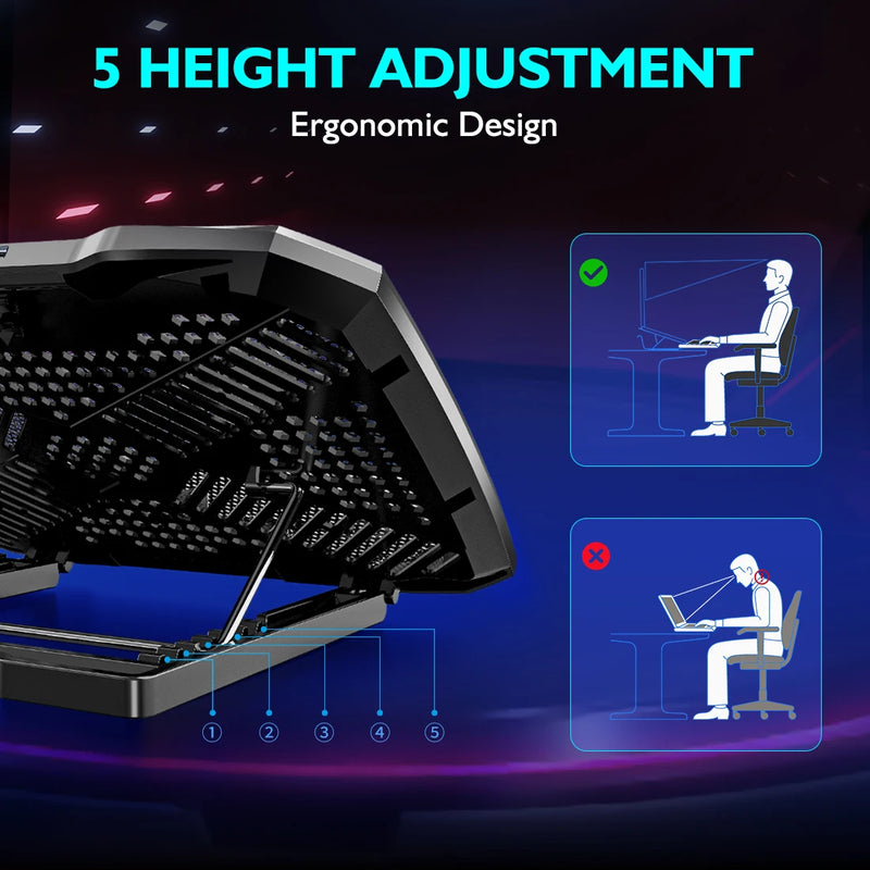 Premium COOLCOLD Laptop Cooling Pad for 12-17 Inch Laptops - Featuring 5 Ultra-Quiet Fans and Adjustable Ergonomic Angles with Integrated Phone Holder.
